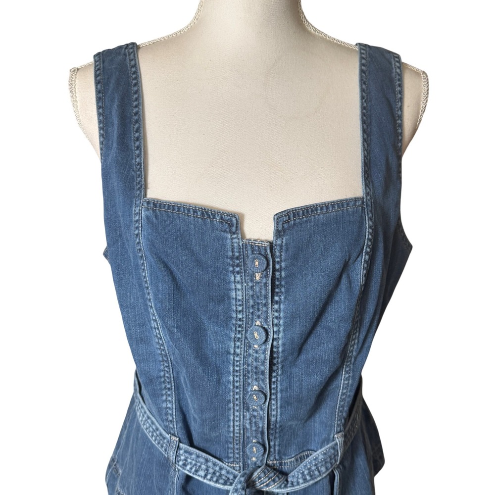 White House Black Market Topstitch Denim Bodice‎ Peplum Belted Top Blue 14 NWT - Picture 6 of 13